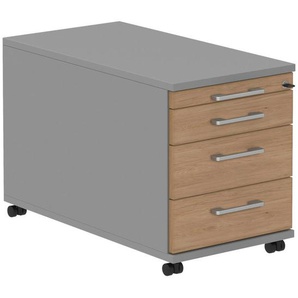 Moderano Rollcontainer, Grau, Eiche, Alu, Metall, 4 Schubladen, 42.7x54.4x80 cm, Made in Germany, umfangreiches Zubehör erhältlich, Arbeitszimmer, Container, Rollcontainer