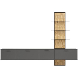 Moderano Wohnwand, Grau, Eiche, Holz, Glas, Holzwerkstoff, Eiche, massiv, 3,1,2 Schubladen, 301x219x42.4 cm, Goldenes M, Made in Germany, Dgm, DGM-Klimapakt, Typenauswahl, hängend, Wohnzimmer, Wohnwände, Anbauwände