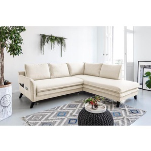 Norrwood Ecksofa Mia Mia I Beige Webstoff 232x86x202 cm mit Schlaffunktion und Bettkasten