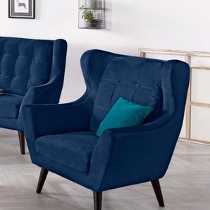 Ohrensessel ANDAS Hemmink, Sessel, Loungesessel Sessel Gr. Samtvelours, B/H/T: 90cm x 107cm x 94cm, blau (blau/aqua) mit Knopfheftung