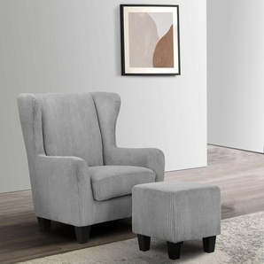 Ohrensessel HOME AFFAIRE Chilly, Sessel mit Hocker und Federkern-Polsterung Gr. Breitcord, B/H/T: 84 cm x 101 cm x 84 cm, grau Ohrensessel in Cord und Microfaser-Bezug, Unser Dauertiefpreis