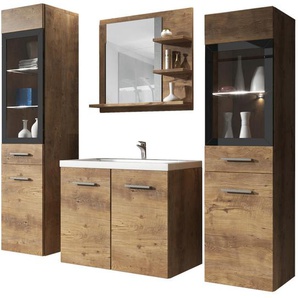 P & B Badezimmer, Eiche, Kastanieneiche, Kunststoff, 5-teilig, 7 Fächer, 120 cm, Fsc, Spiegel mit Ablage, Badezimmer, Badmöbelsets & -serien, Badmöbel-Sets