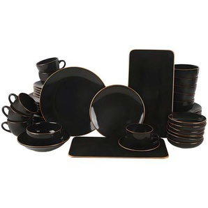 P & B Kombiservice, Schwarz, Gold, Keramik, 42-teilig, Uni, 19x19x19 cm, Essen & Trinken, Geschirr, Geschirr-Sets, Kombiservice