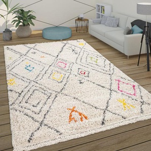 Hochflor Teppich Shaggy Wohnzimmer Skandi Rauten Muster Langflor Beige Gelb Rot 60x100 cm - Paco Home