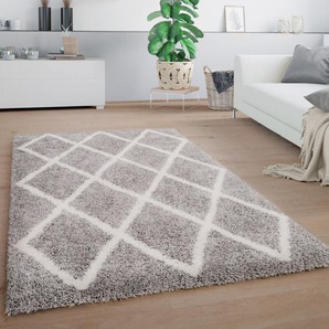 Hochflor Teppich Wohnzimmer Shaggy Skandinavisches Muster Rautenmotiv Grau Weiß 60x100 cm - Paco Home