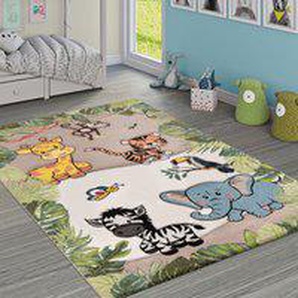 Paco Home - Kinderteppich Kinderzimmer Dschungel Tiere Giraffe Löwe Affe Zebra Beige Creme 140x200 cm