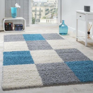 Shaggy Hochflor Teppich Wohnzimmer Kariertes Design Türkis Grau Weiß 70x250 cm - Paco Home