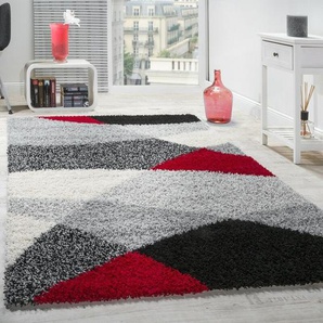 Shaggy Teppich Hochflor Langflor Weich Geometrisch Gemustert Grau Schwarz Rot 160x220 cm - Paco Home