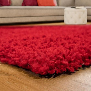 Teppich Hochflor Shaggy -Bravo- Uni Langflor Teppich Rot ø 160 cm Rund - Paco Home