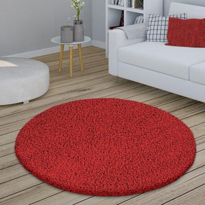 Teppich Rund Hochflor Wohnzimmer Shaggy Langflor Weich Flauschig Modern Unifarben ø 160 cm Rund, Rot - Paco Home