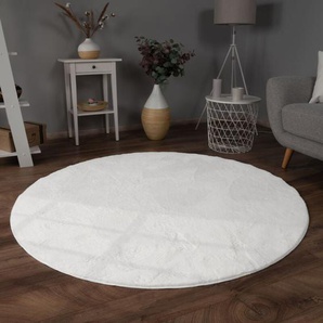 Teppich Wohnzimmer Kunstfell Shaggy Hochflor Waschbar In Waschmaschine Soft Uni Weiß ø 100 cm Rund - Paco Home