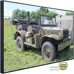 PAPERMOON Infrarotheizung Vintage Militär Jeep Heizkörper sehr angenehme Strahlungswärme Gr. B/H/T: 120 cm x 90 cm x 3 cm, 1200 W, bunt (kunstmotiv im aluminiumrahmen)