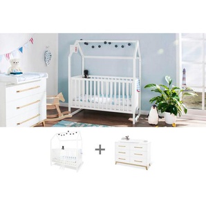 Pinolino Babyzimmer Pinolino Hilda & Riva, Weiß, Holz, 2-teilig, Kiefer,Esche, teilmassiv,massiv, 6 Schubladen, zum Juniorbett umbaubar, höhenverstellbar, Sprossen mit Normabstand, Aufbauanleitung im Karton, Lattenrost inklusive, Schlupfsprossen,