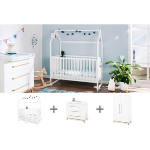 Pinolino Babyzimmer Hilda & Riva, Weiß, Holz, 3-teilig, Kiefer,Esche,Esche, teilmassiv, massiv, 4 Fächer, 3 Schubladen, in verschiedenen Größen erhältlich,zum Juniorbett umbaubar, höhenverstellbar, Sprossen mit Normabstand, Aufbauanleitung im Karton,