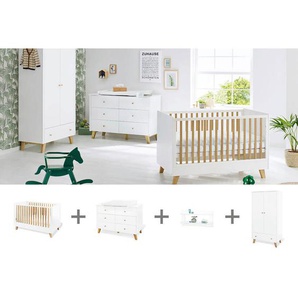 Pinolino Babyzimmer Pinolino Pan, Weiß, Eiche, Holzwerkstoff, 2 Fächer, 6 Schubladen, in verschiedenen Größen erhältlich,zum Juniorbett umbaubar, höhenverstellbar, Sprossen mit Normabstand, Aufbauanleitung im Karton, Lattenrost inklusive, Schlupfsprossen,