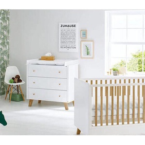 Pinolino Babyzimmer Pinolino Pan, Weiß, Eiche, Holzwerkstoff, 3 Schubladen, zum Juniorbett umbaubar, höhenverstellbar, Sprossen mit Normabstand, Aufbauanleitung im Karton, Lattenrost inklusive, Schlupfsprossen, Babymöbel, Babyzimmer-Sets