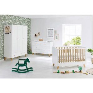 Pinolino Babyzimmer Pinolino Pan, Weiß, Eiche, Holzwerkstoff, 5 Fächer, 6 Schubladen, in verschiedenen Größen erhältlich,zum Juniorbett umbaubar, höhenverstellbar, Sprossen mit Normabstand, Aufbauanleitung im Karton, Lattenrost inklusive, Schlupfsprossen,