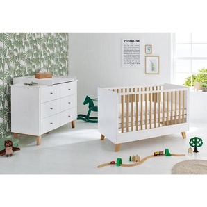 Pinolino Babyzimmer Pinolino Pan, Weiß, Eiche, Holzwerkstoff, 6 Schubladen, zum Juniorbett umbaubar, höhenverstellbar, Sprossen mit Normabstand, Aufbauanleitung im Karton, Lattenrost inklusive, Schlupfsprossen, Babymöbel, Babyzimmer-Sets