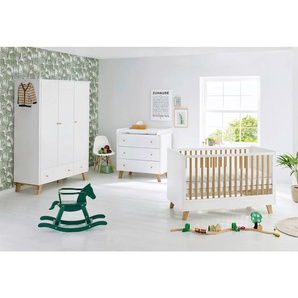 Pinolino Babyzimmer Pinolino Pan, Weiß, Eiche, Holzwerkstoff, 5 Fächer, 3 Schubladen, in verschiedenen Größen erhältlich,zum Juniorbett umbaubar, höhenverstellbar, Sprossen mit Normabstand, Aufbauanleitung im Karton, Lattenrost inklusive, Schlupfsprossen,