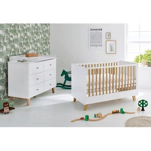 Pinolino Babyzimmer Pinolino Pan, Weiß, Eiche, Holzwerkstoff, 6 Schubladen, zum Juniorbett umbaubar, höhenverstellbar, Sprossen mit Normabstand, Aufbauanleitung im Karton, Lattenrost inklusive, Schlupfsprossen, Babymöbel, Babyzimmer-Sets