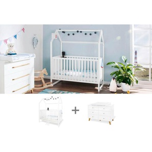 Pinolino Babyzimmer Pinolino Hilda & Pan, Weiß, Holz, 2-teilig, Kiefer,Eiche, teilmassiv,massiv, 6 Schubladen, zum Juniorbett umbaubar, höhenverstellbar, Sprossen mit Normabstand, Aufbauanleitung im Karton, Lattenrost inklusive, Schlupfsprossen,