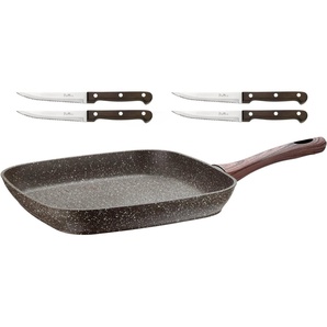 PINTINOX Grillpfanne Chalet, Aluminium (Set, 5-tlg), 28x28 cm, Induktionsgeeignet, inkl. 4 Steakmesser