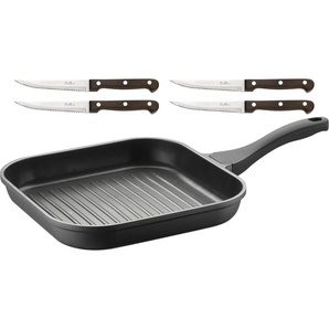 PINTINOX Grillpfanne Pro, Aluminium (Set, 5-tlg), 3-lagige Antihaftbeschichtung, inkl. 4 Steakmessern, Induktion