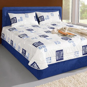 Polsterbett, blau, B:130cm L:210cm, Bezug Bett: Mikrofaser (100% Polyester), Bonnell-Federkernmatratze: Mischgewebe (51% Polyprophlen, 39% Polyester, 10% Baumwolle), Kaltschaummatratze: Frottee (100% Polyester), Bezug abnehm- und waschbar bis 60u00b0C,