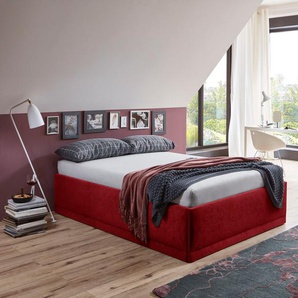 Polsterbett Texel, rot (bordeaux, rot), B:146cm H:34cm L:206cm, Bezug Bett: Veloursstoff 100% Polyester oder Microfaser (100% Polyester), Bonnell-Federkernmatratze: 51% Polypropylen, 39% Polyester und 10% Baumwolle, Kaltschaummatratze: 100% Polyester,