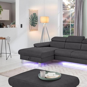 Polstergarnitur COTTA Komaris Sitzmöbel-Sets Gr. Feinstruktur, mit Kopfteilverstellung-mit Bettfunktion & Bettkasten-mit RGB-LED-Beleuchtung + Recamiere links, grau Couchgarnituren Sets bestehend aus Ecksofa und Hocker, mit Kopfteilverstellung