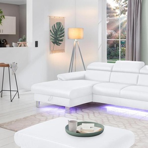 Polstergarnitur COTTA Komaris Sitzmöbel-Sets Gr. Kunstleder SOFTLUX, mit Kopfteilverstellung-mit Bettfunktion & Bettkasten-mit RGB-LED-Beleuchtung + Recamiere links, weiß Couchgarnituren Sets bestehend aus Ecksofa und Hocker, mit Kopfteilverstellung