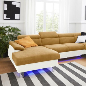 Polstergarnitur COTTA Komaris Sitzmöbel-Sets Gr. Kunstleder SOFTLUX-Struktur, mit Bettfunktion-mit Bettkasten-ohne RGB-LED-Beleuchtung-mit Kopfteilverstellung + Ottomane rechts, beige (creme, mustard) Couchgarnituren Sets Set: bestehend aus Wohnlandschaft