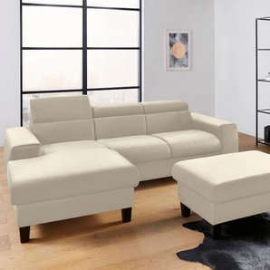 Polstergarnitur COTTA Morven Sitzmöbel-Sets Gr. Samtvelours, ohne Bettfunktion-ohne Bettkasten-ohne Ladestation-mit Kopfteilverstellung + Recamiere links, beige Couchgarnituren Sets Set: bestehend aus Ecksofa und Hocker, Kopfteilverstellung