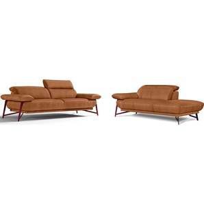 Polstergarnitur EGOITALIANO Anais, Design mit hohem Sitzkomfort für mehr Bequemlichkeit Sitzmöbel-Sets Gr. Luxus-Microfaser Lederoptik, Ottomane Armlehne links, braun (brandy) Set: bestehend aus Sofa und Ottomane, inkl. Kopfteilverstellung