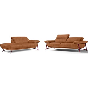 Polstergarnitur EGOITALIANO Anais, Design mit hohem Sitzkomfort für mehr Bequemlichkeit Sitzmöbel-Sets Gr. Luxus-Microfaser Lederoptik, Ottomane Armlehne rechts, braun (brandy) Set: bestehend aus Sofa und Ottomane, inkl. Kopfteilverstellung