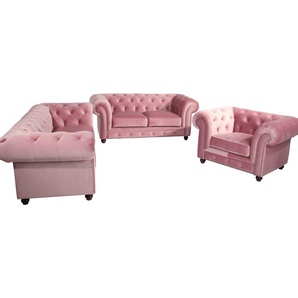 Polstergarnitur MAX WINZER Old England Sitzmöbel-Sets Gr. H/T: 76 cm x 96 cm, Samtvelours 20442, rosa (rosé) Couchgarnituren Sets mit edler Knopfheftung, 3-tlg.