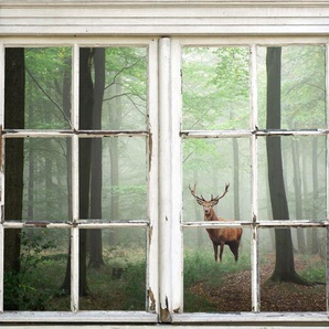 queence Wandsticker Hirsch im Wald, Wandsticker, Wandbild, selbstklebend, 3D, Fenster