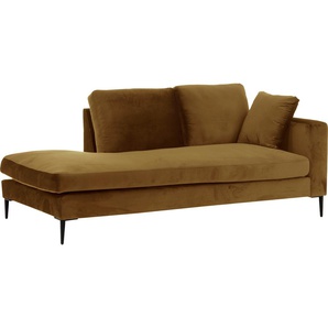 Recamiere LEONIQUE Cozy Sofas Gr. B/H/T: 195 cm x 80 cm x 97 cm, Samtoptik, Armlehne rechts, gelb (senf) Chaiselongue Chaiselongues Sofas mit losen Kissen und Metallbeinen, Armlehne links oder rechts wählbar