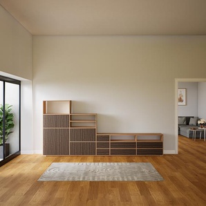 Wohnwand Nussbaum - Individuelle Designer-Regalwand: Schubladen in Nussbaum & Türen in Nussbaum - Hochwertige Materialien - 339 x 158 x 34 cm, Konfigurator