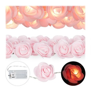 Rosen Lichterkette, 20er led Lichterkette Batterie, Hochzeit, Verlobung & Valentinstag, warmweiß, Deko, rosa - Relaxdays