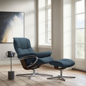 Relaxsessel STRESSLESS Mayfair Sessel Gr. ROHLEDER Stoff Q2 FARON, Cross Base Braun, Relaxfunktion-Drehfunktion-Plus™System-Gleitsystem-BalanceAdapt™, B/H/T: 79 cm x 102 cm x 73 cm, blau (petrol q2 faron) mit Cross Base, Größe S, M & L, Holzakzent Braun