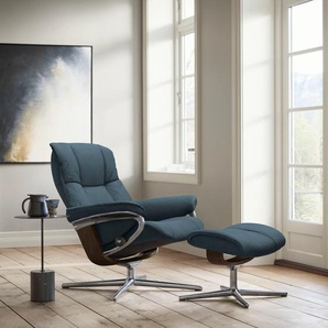 Relaxsessel STRESSLESS Mayfair Sessel Gr. ROHLEDER Stoff Q2 FARON, Cross Base Braun, Relaxfunktion-Drehfunktion-Plus™System-Gleitsystem-BalanceAdapt™, B/H/T: 83 cm x 102 cm x 74 cm, blau (petrol q2 faron) mit Cross Base, Größe S, M & L, Holzakzent Braun