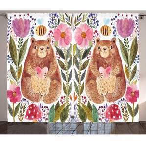 Rustikaler Vorhang, Bär mit Blumen, Bunt, Mehrfarbig