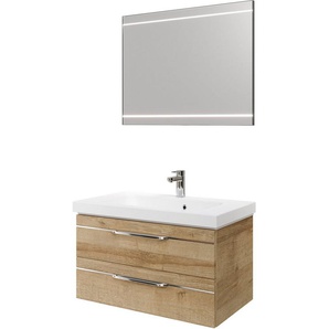 Saphir Badmöbel-Set Balto 2-teilig Mineralmarmor-Waschtisch mit LED-Spiegel, Waschplatz, (2-St), 92 cm breit, mit 2 Schubladen, Badschrank inkl. Schubladendämpfer