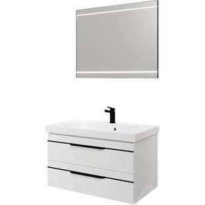 Saphir Badmöbel-Set Balto 2-teilig Mineralmarmor-Waschtisch mit LED-Spiegel, Waschplatz, (2-St), 92 cm breit, mit 2 Schubladen, Badschrank inkl. Schubladendämpfer