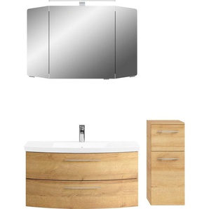 Saphir Badmöbel-Set Cassca Sprint 3-teilig Mineralmarmor-Waschtisch mit LED-Spiegelschrank, (4-St), mit Unterschrank, 4 Türen, 3 Schubladen, inkl. Türdämpfer