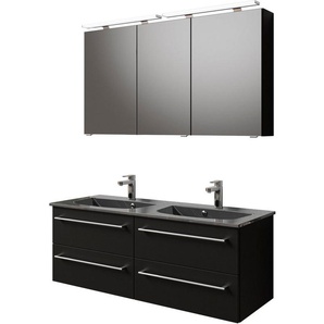 Saphir Badmöbel-Set Serie 6025 2-teilig Mineralmarmor-Waschtisch mit LED-Spiegelschrank, (2-St), Waschplatz 132cm breit, 4 Schubladen, 2 Spiegel-Türen, inkl Türdämpfer