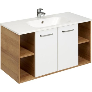 Saphir Waschtisch Quickset 362 Mineralmarmor-Waschtisch mit Unterschrank, 101 cm breit, Waschplatz in Weiß Glanz, Riviera Eiche quer Nachbildung, 2 Türen