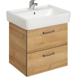 Saphir Waschtisch Quickset 919 Keramikwaschtisch mit Unterschrank, 60 cm breit, Waschplatz in Riviera Eiche quer Nachbildung, 1 Klappe, 1 Schublade