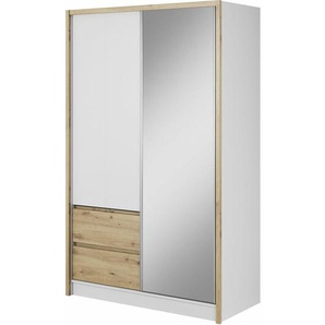 Sara Kleiderschrank 134 cm Schiebetür spiegel 2 schubladen weiß matt / artisan eiche